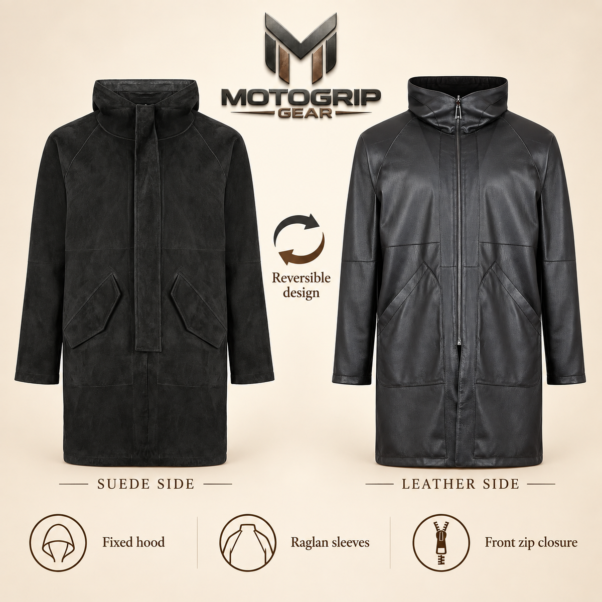 Feature diagram showing visible garment details of the Bexley men's black hooded reversible leather coat.