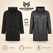 Feature diagram showing visible garment details of the Bexley men's black hooded reversible leather coat.
