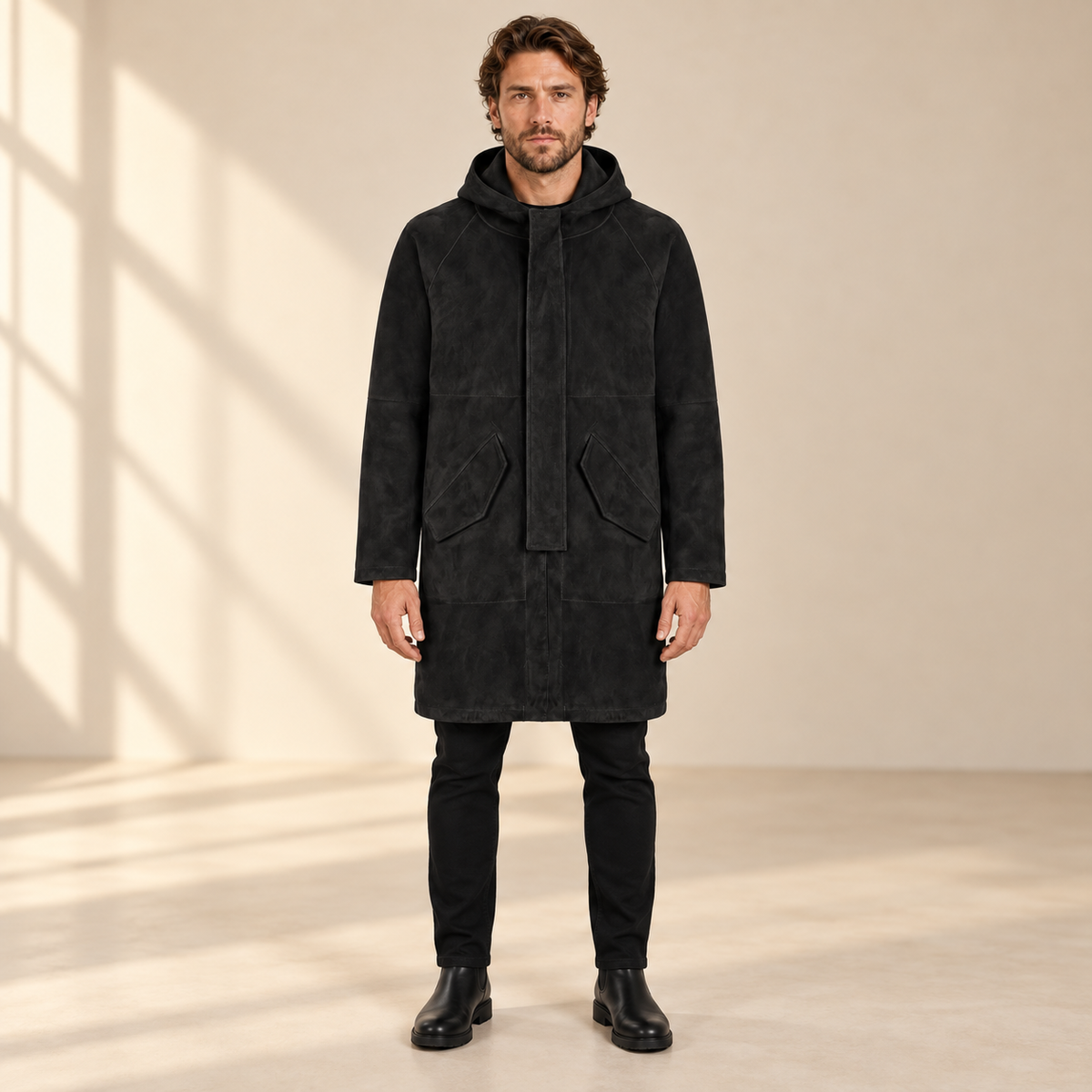 Front view worn by a male model of the Bexley men's black hooded reversible leather coat.