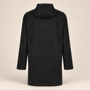 Straight rear product view of the Bexley men's black hooded reversible leather coat.