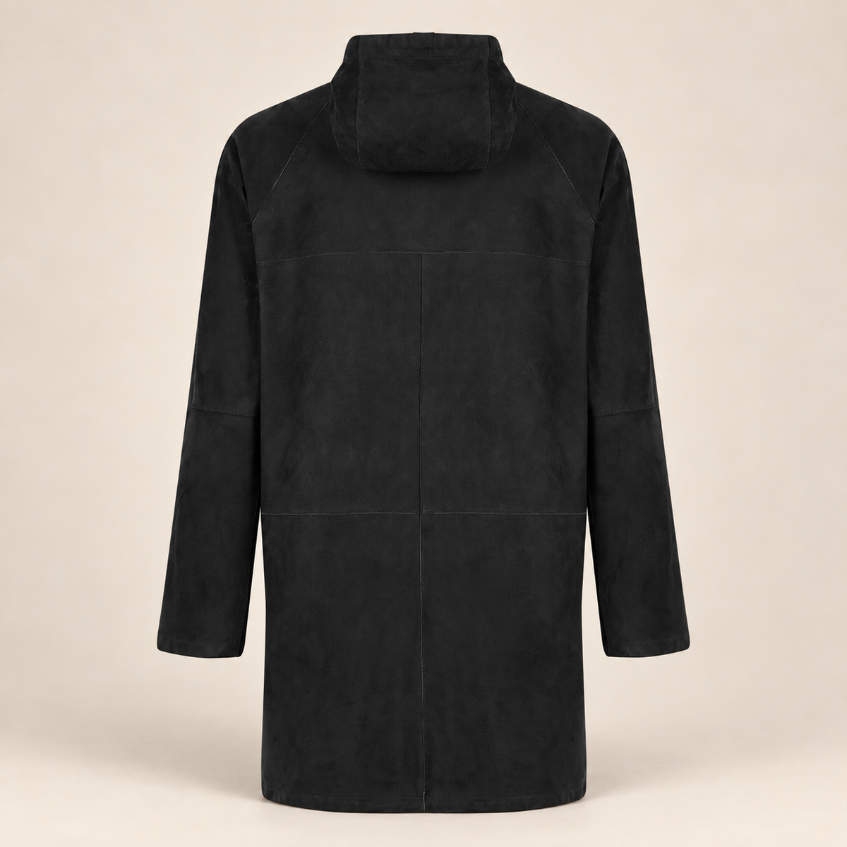 Straight rear product view of the Bexley men's black hooded reversible leather coat.