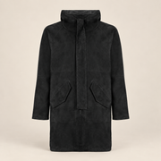 Straight front product view of the Bexley men's black hooded reversible leather coat.