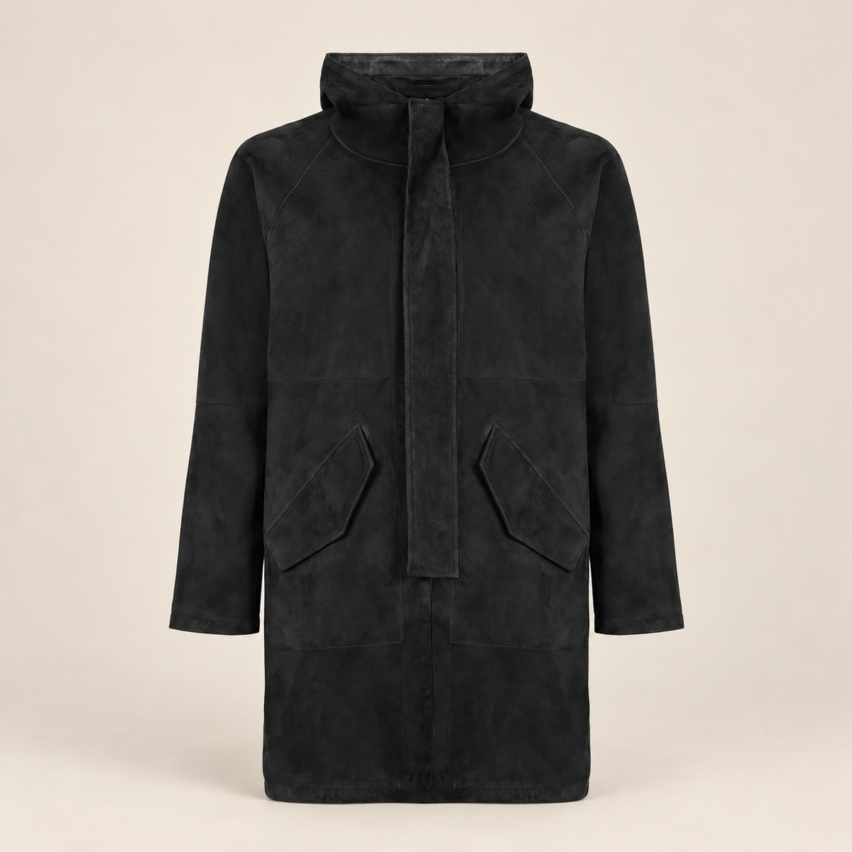 Straight front product view of the Bexley men's black hooded reversible leather coat.