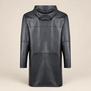 Rear view of the reversible leather side of the Bexley men's black hooded reversible leather coat.