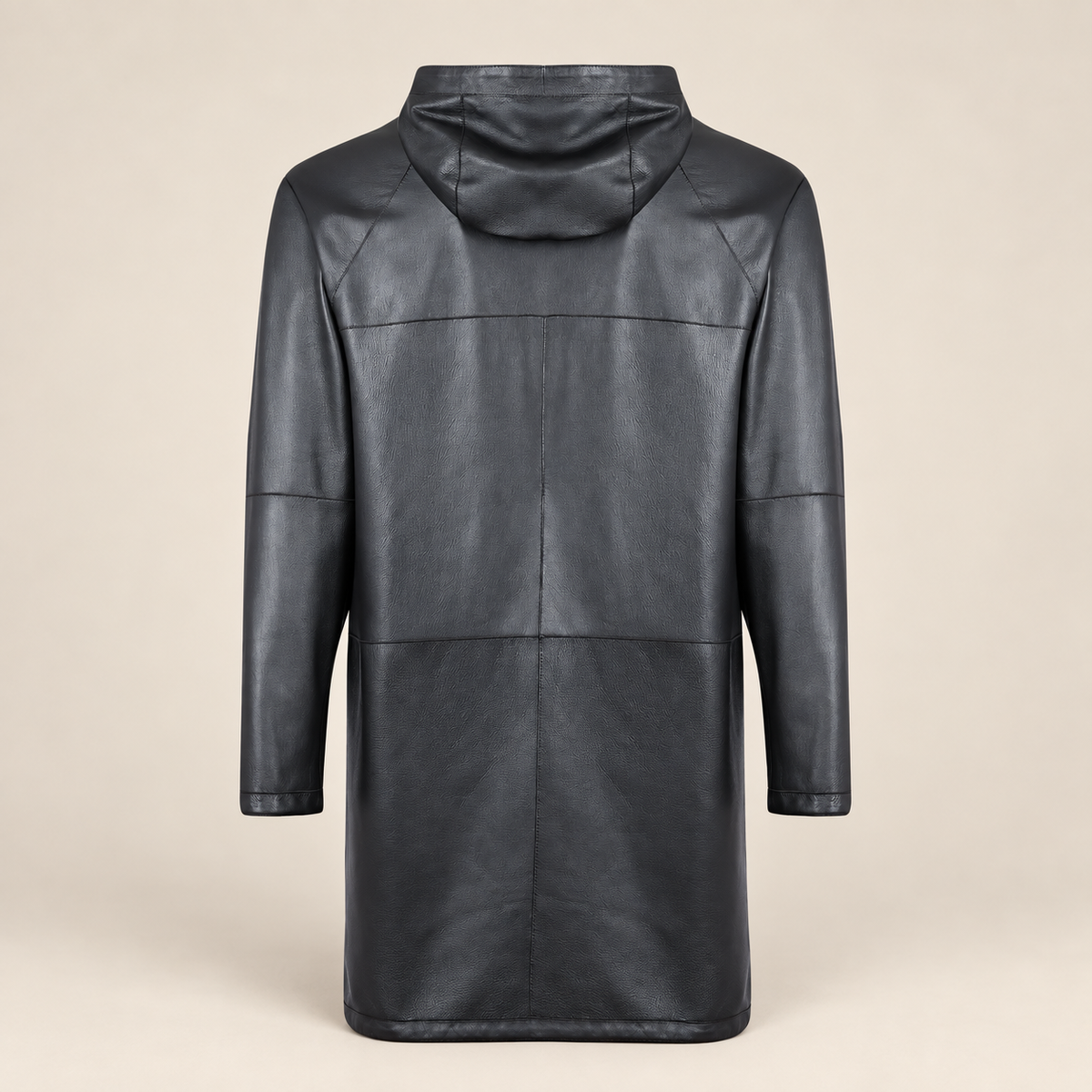 Rear view of the reversible leather side of the Bexley men's black hooded reversible leather coat.