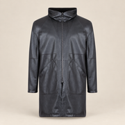 Front view of the reversible leather side of the Bexley men's black hooded reversible leather coat.