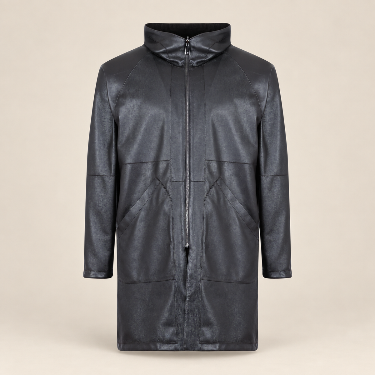 Front view of the reversible leather side of the Bexley men's black hooded reversible leather coat.