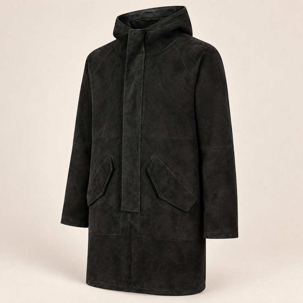 Three-quarter product view of the Bexley men's black hooded reversible leather coat.