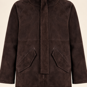 Close-up of the leather texture and construction of the Bexley men's dark brown hooded reversible leather coat.
