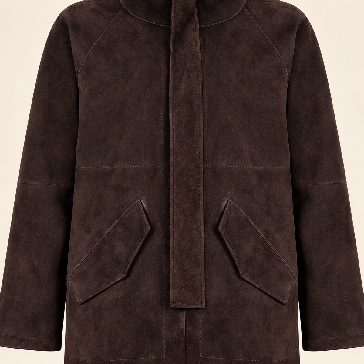 Close-up of the leather texture and construction of the Bexley men's dark brown hooded reversible leather coat.