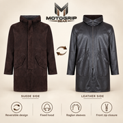 Feature diagram showing visible garment details of the Bexley men's dark brown hooded reversible leather coat.