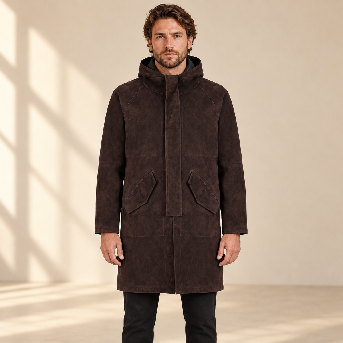 Front view worn by a male model of the Bexley men's dark brown hooded reversible leather coat.