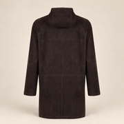 Straight rear product view of the Bexley men's dark brown hooded reversible leather coat.