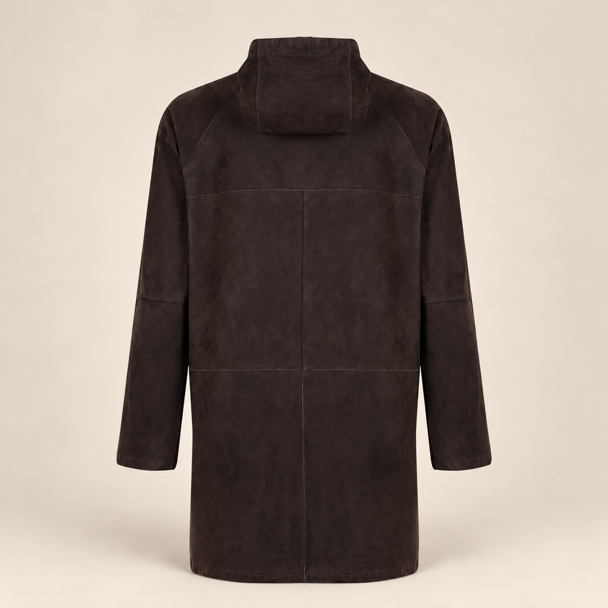 Straight rear product view of the Bexley men's dark brown hooded reversible leather coat.