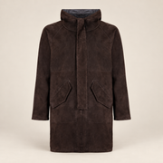 Straight front product view of the Bexley men's dark brown hooded reversible leather coat.