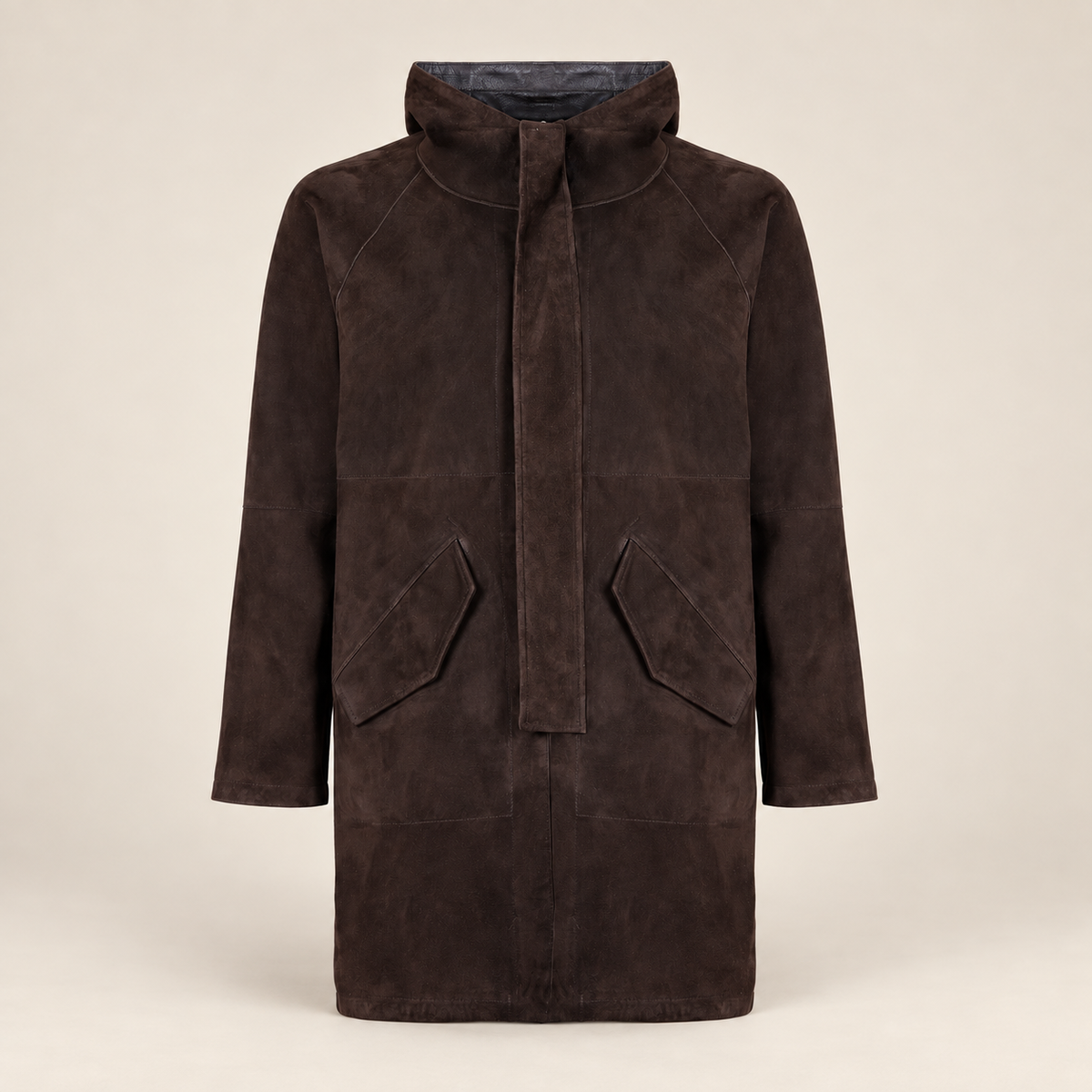 Straight front product view of the Bexley men's dark brown hooded reversible leather coat.