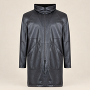 Front view of the reversible leather side of the Bexley men's dark brown hooded reversible leather coat.