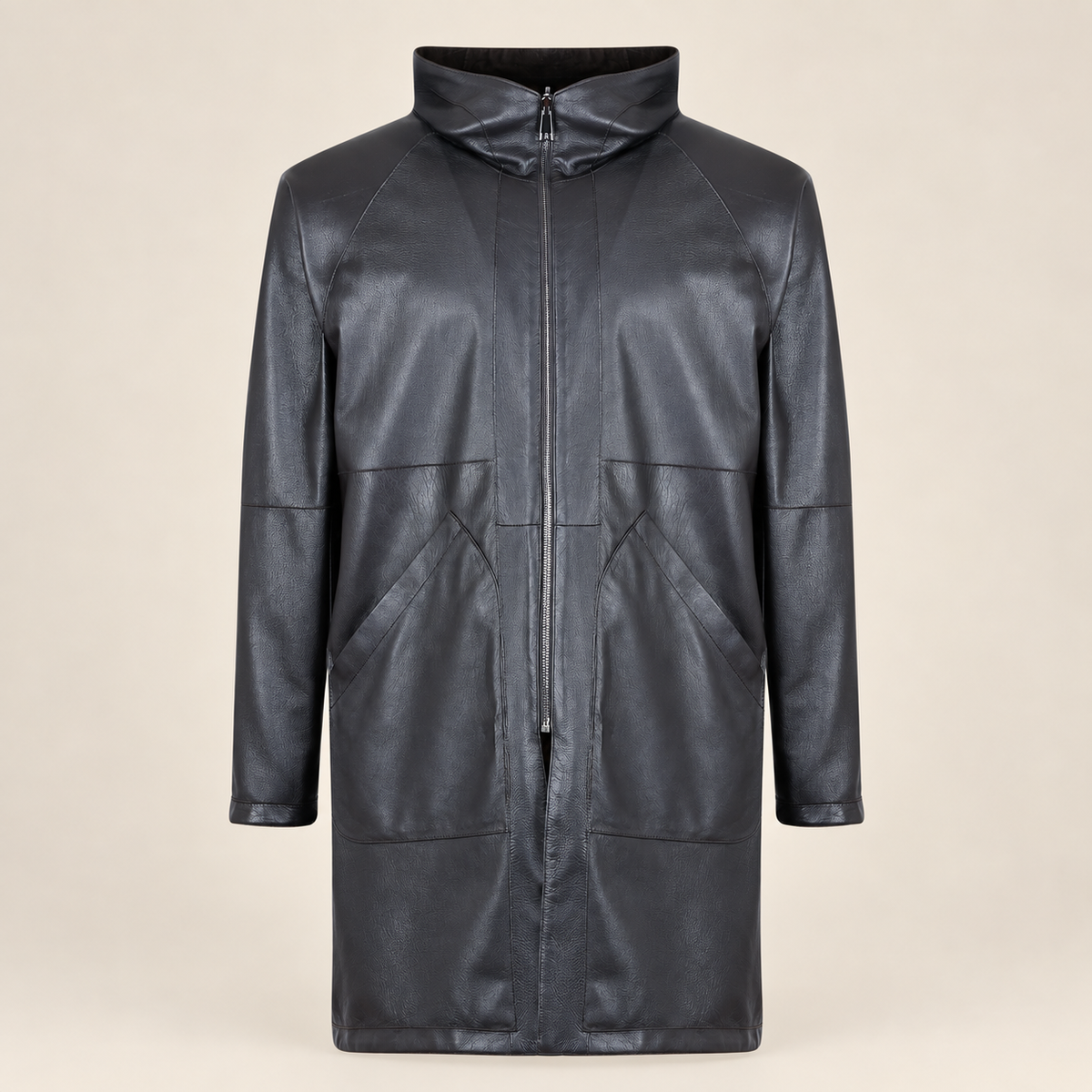 Front view of the reversible leather side of the Bexley men's dark brown hooded reversible leather coat.