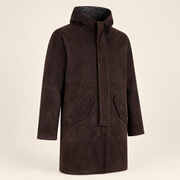 Three-quarter product view of the Bexley men's dark brown hooded reversible leather coat.
