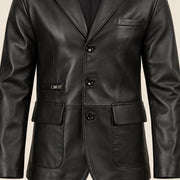 MOTOGRIP Blackthorn men's Black Three-Button Sheepskin Leather Blazer, close-up of leather and construction details.