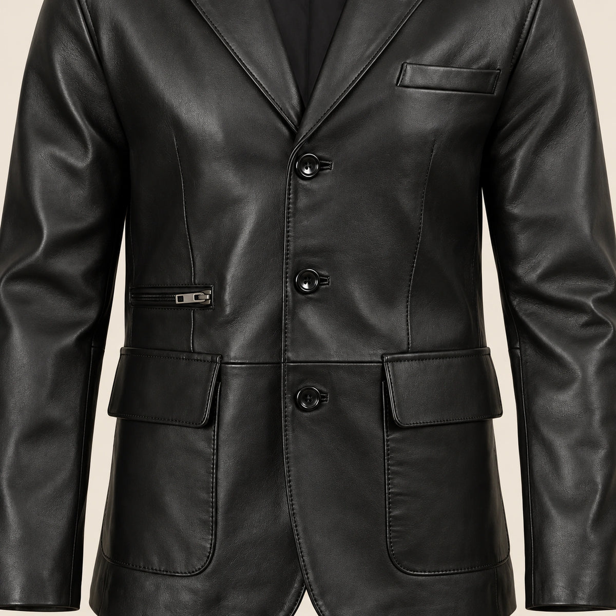 MOTOGRIP Blackthorn men's Black Three-Button Sheepskin Leather Blazer, close-up of leather and construction details.