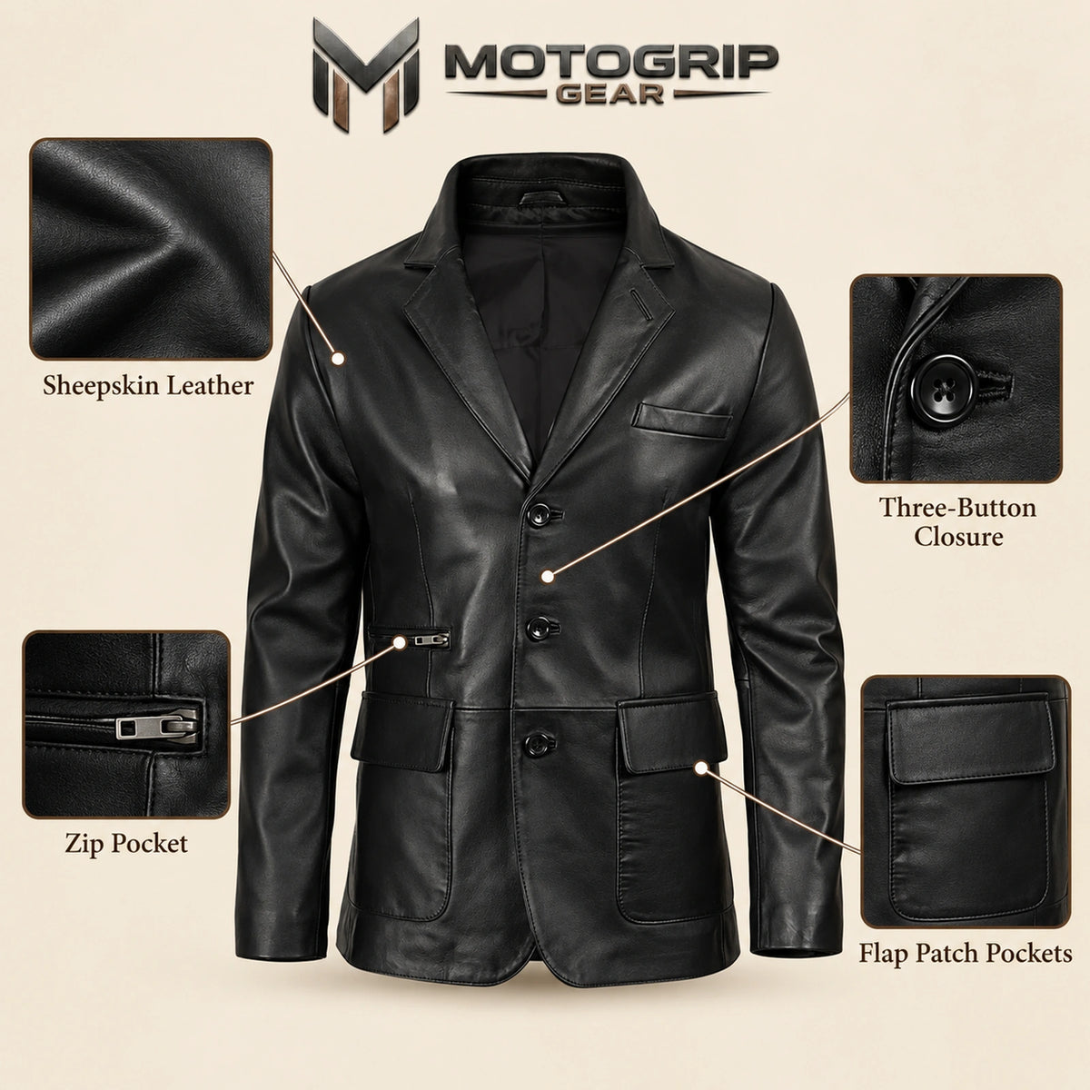 MOTOGRIP Blackthorn men's Black Three-Button Sheepskin Leather Blazer, feature infographic.