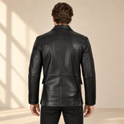 MOTOGRIP Blackthorn men's Black Three-Button Sheepskin Leather Blazer, back view on a model.