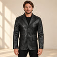 MOTOGRIP Blackthorn men's Black Three-Button Sheepskin Leather Blazer, front view on a model.