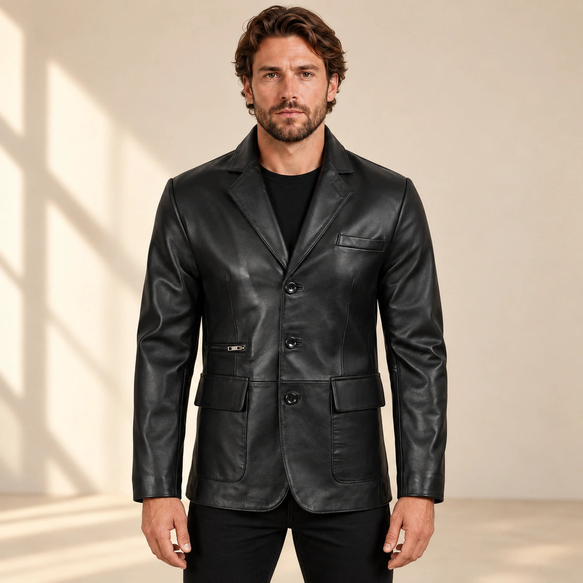 MOTOGRIP Blackthorn men's Black Three-Button Sheepskin Leather Blazer, front view on a model.