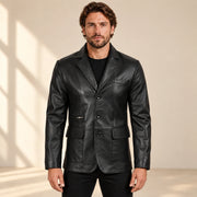 MOTOGRIP Blackthorn men's Black Three-Button Sheepskin Leather Blazer, front view on a model.