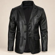 MOTOGRIP Blackthorn men's Black Three-Button Sheepskin Leather Blazer, open-front view showing the lining.