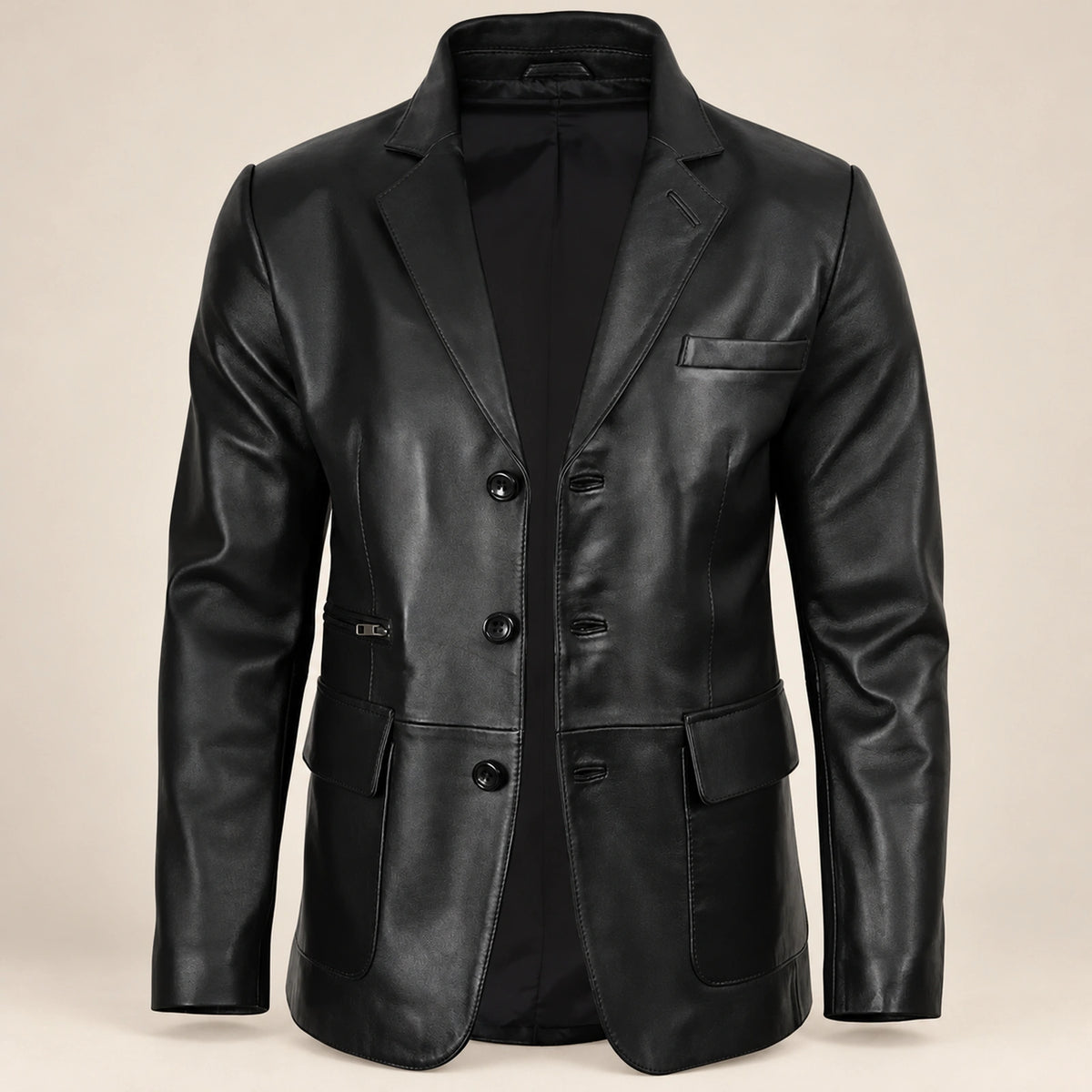 MOTOGRIP Blackthorn men's Black Three-Button Sheepskin Leather Blazer, open-front view showing the lining.