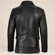 MOTOGRIP Blackthorn men's Black Three-Button Sheepskin Leather Blazer, back view.