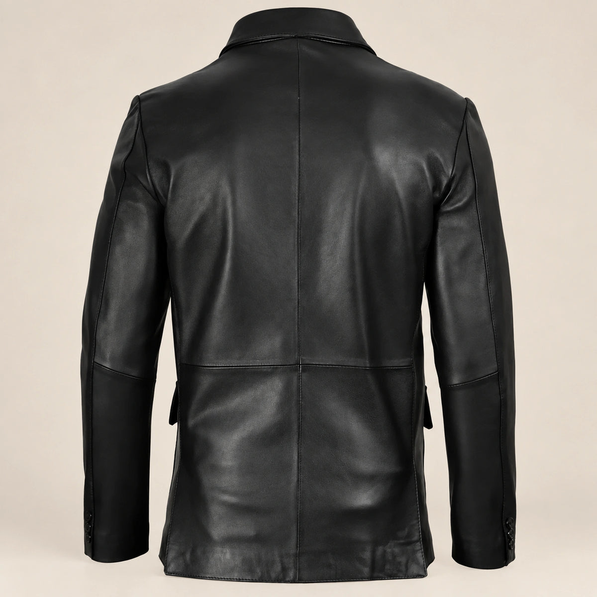 MOTOGRIP Blackthorn men's Black Three-Button Sheepskin Leather Blazer, back view.
