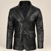 MOTOGRIP Blackthorn men's Black Three-Button Sheepskin Leather Blazer, front view.