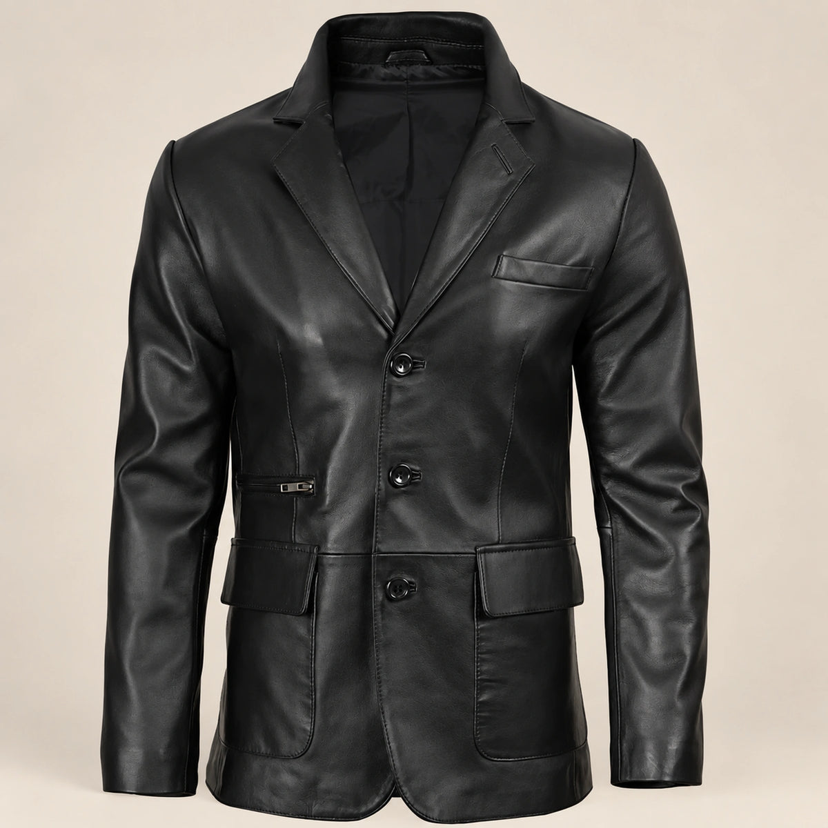 MOTOGRIP Blackthorn men's Black Three-Button Sheepskin Leather Blazer, front view.