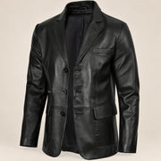 MOTOGRIP Blackthorn men's Black Three-Button Sheepskin Leather Blazer, three-quarter view.
