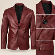 MOTOGRIP Bordeauxvale men's Burgundy Sheepskin Leather Blazer, close-up of leather and construction details.