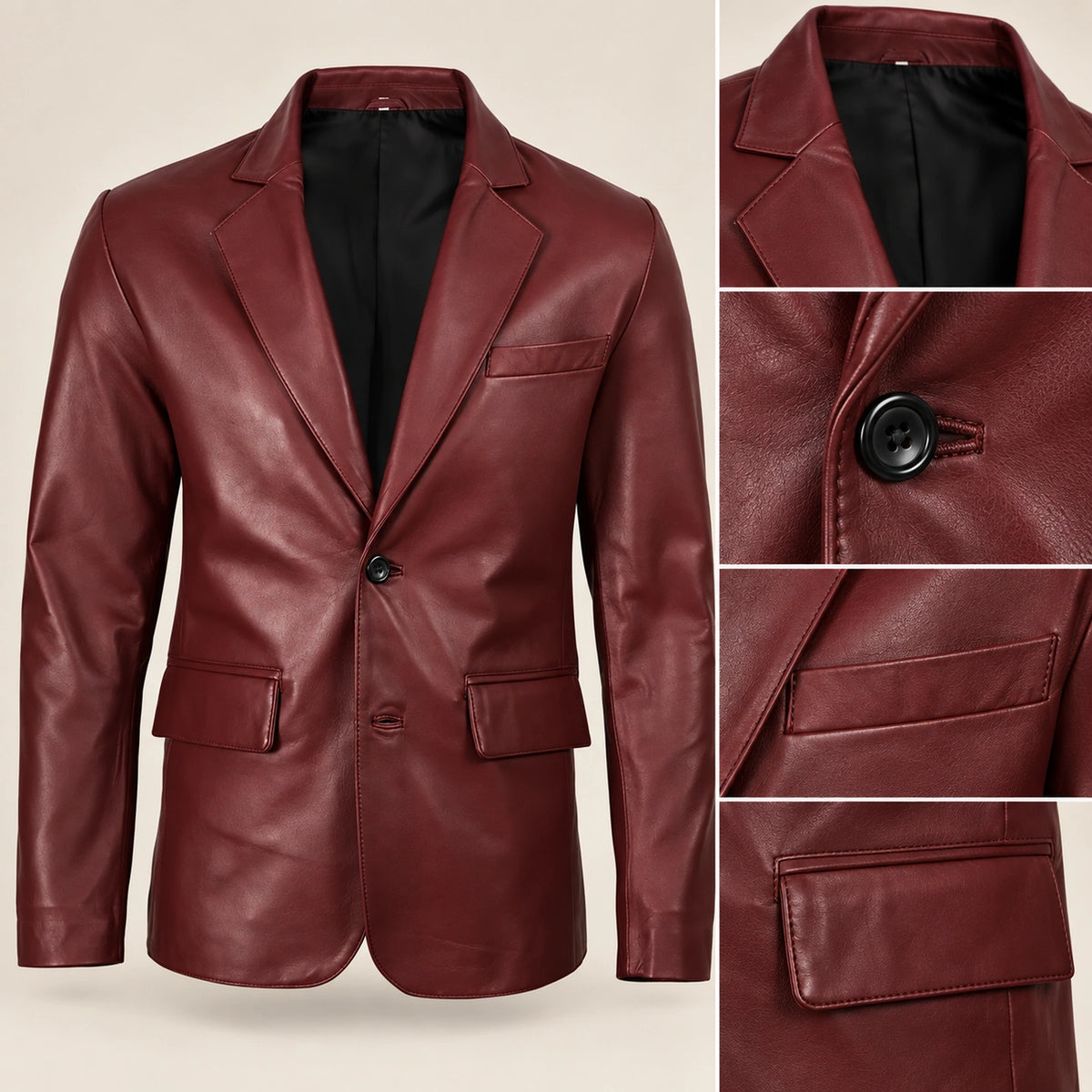 MOTOGRIP Bordeauxvale men's Burgundy Sheepskin Leather Blazer, close-up of leather and construction details.