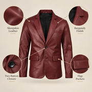 MOTOGRIP Bordeauxvale men's Burgundy Sheepskin Leather Blazer, feature infographic.