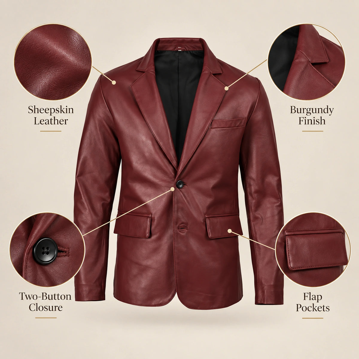 MOTOGRIP Bordeauxvale men's Burgundy Sheepskin Leather Blazer, feature infographic.