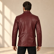 MOTOGRIP Bordeauxvale men's Burgundy Sheepskin Leather Blazer, back view on a model.