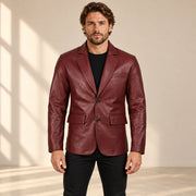 MOTOGRIP Bordeauxvale men's Burgundy Sheepskin Leather Blazer, front view on a model.