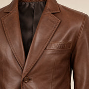 MOTOGRIP Bramblewax men's Brown Wax Sheepskin Leather Blazer, close-up of leather and construction details.