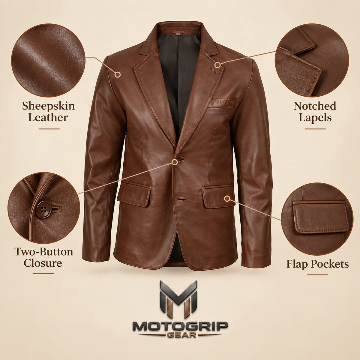 MOTOGRIP Bramblewax men's Brown Wax Sheepskin Leather Blazer, feature infographic.