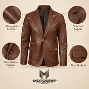 MOTOGRIP Bramblewax men's Brown Wax Sheepskin Leather Blazer, feature infographic.