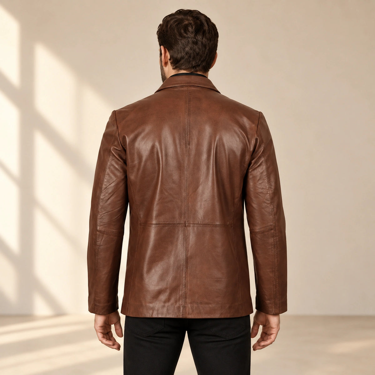 MOTOGRIP Bramblewax men's Brown Wax Sheepskin Leather Blazer, back view on a model.