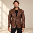 MOTOGRIP Bramblewax men's Brown Wax Sheepskin Leather Blazer, front view on a model.