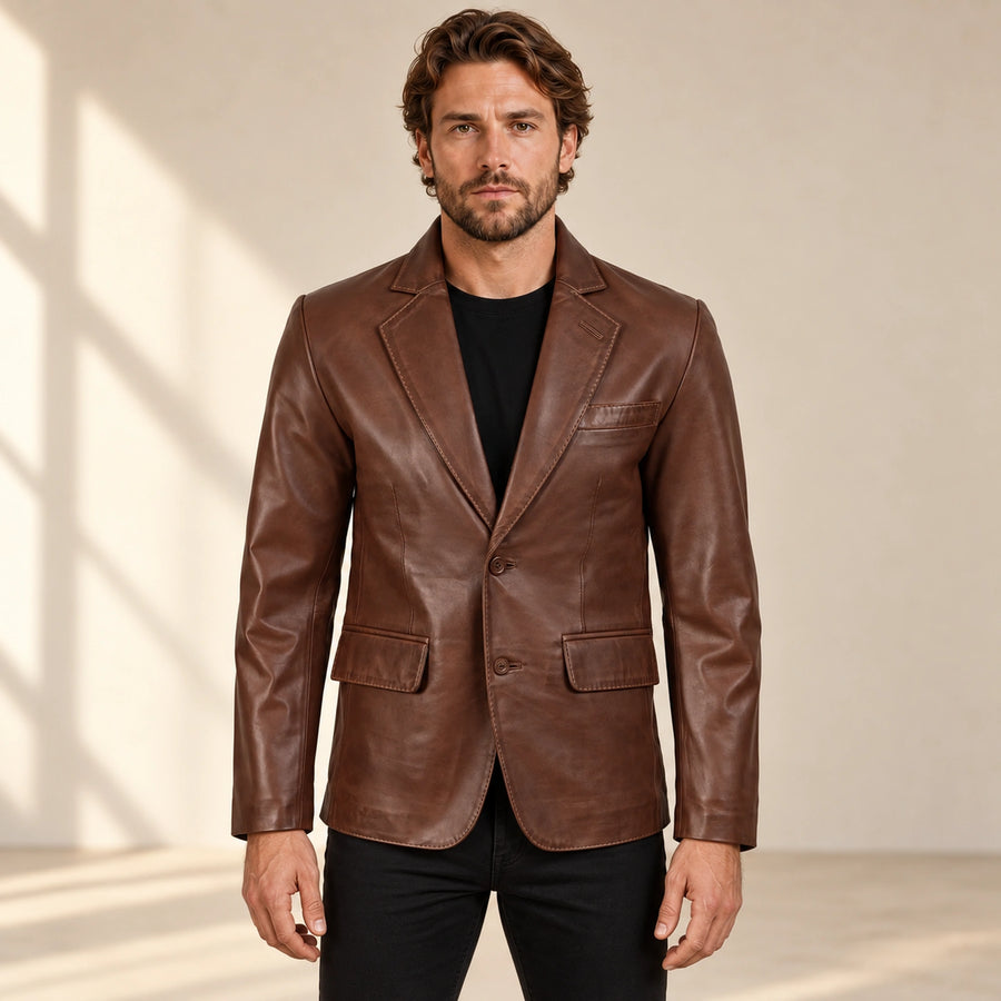MOTOGRIP Bramblewax men's Brown Wax Sheepskin Leather Blazer, front view on a model.