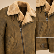 Leather grain and shearling close-up of the Bramwell Men's Dirty Brown Cross-Zip B3 Shearling Jacket